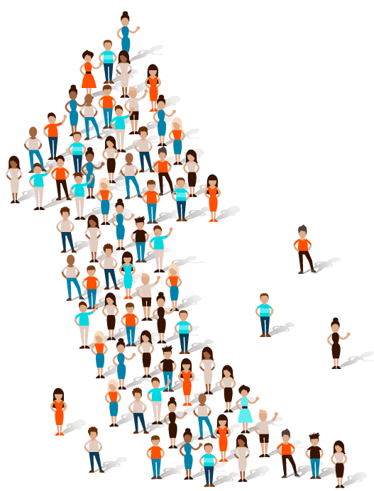 grupo de pessoas reunidas formando uma seta